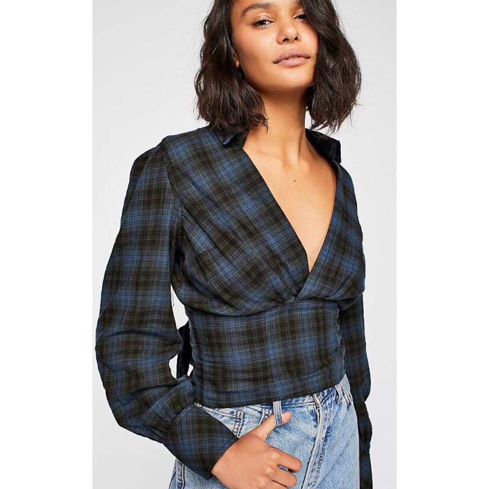 Free People Plaid V-Neck Tie Shadow Wind Wrap Top